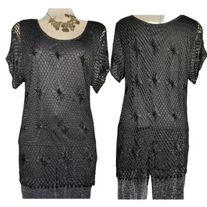 TODAY'S DESIGNER Black Crochet Embellished Beaded Top Size XL